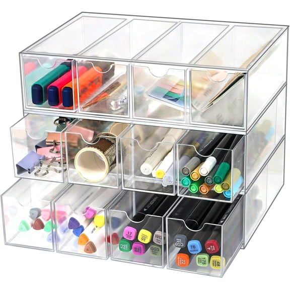 Clear Desk Organizer Storage with 12 Drawers, Desktop Organizers, Bathroom Office Supplies, Plastic Storage Drawer for Makeup, , Pen, Stationary, Hair Accessories, Sunglass (12-Drawer)