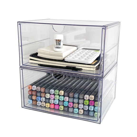 Clear Desk Organizers and Accessories, 2 Pack Plastic Drawer Organizer for Office Supplies, Marker Pen, Art Crafts, Stationery, Coffee Pods, Stackable Home Storage (2 Drawers)