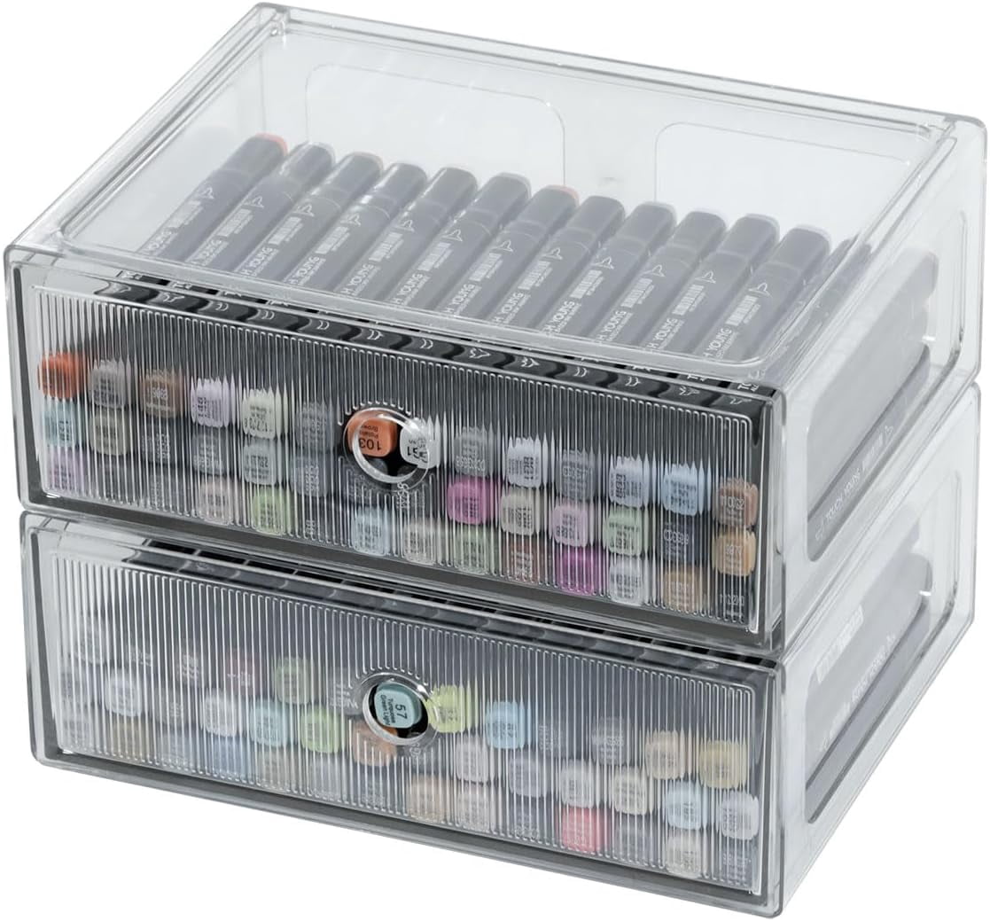 Clear Desk Organizers and Accessories, Plastic Drawer Storage Bins for Home Office Supplies, Marker Pen, Art Crafts, Makeup, Stackable Container for Bathroom, Cabinet, Pantry, 2 Drawers