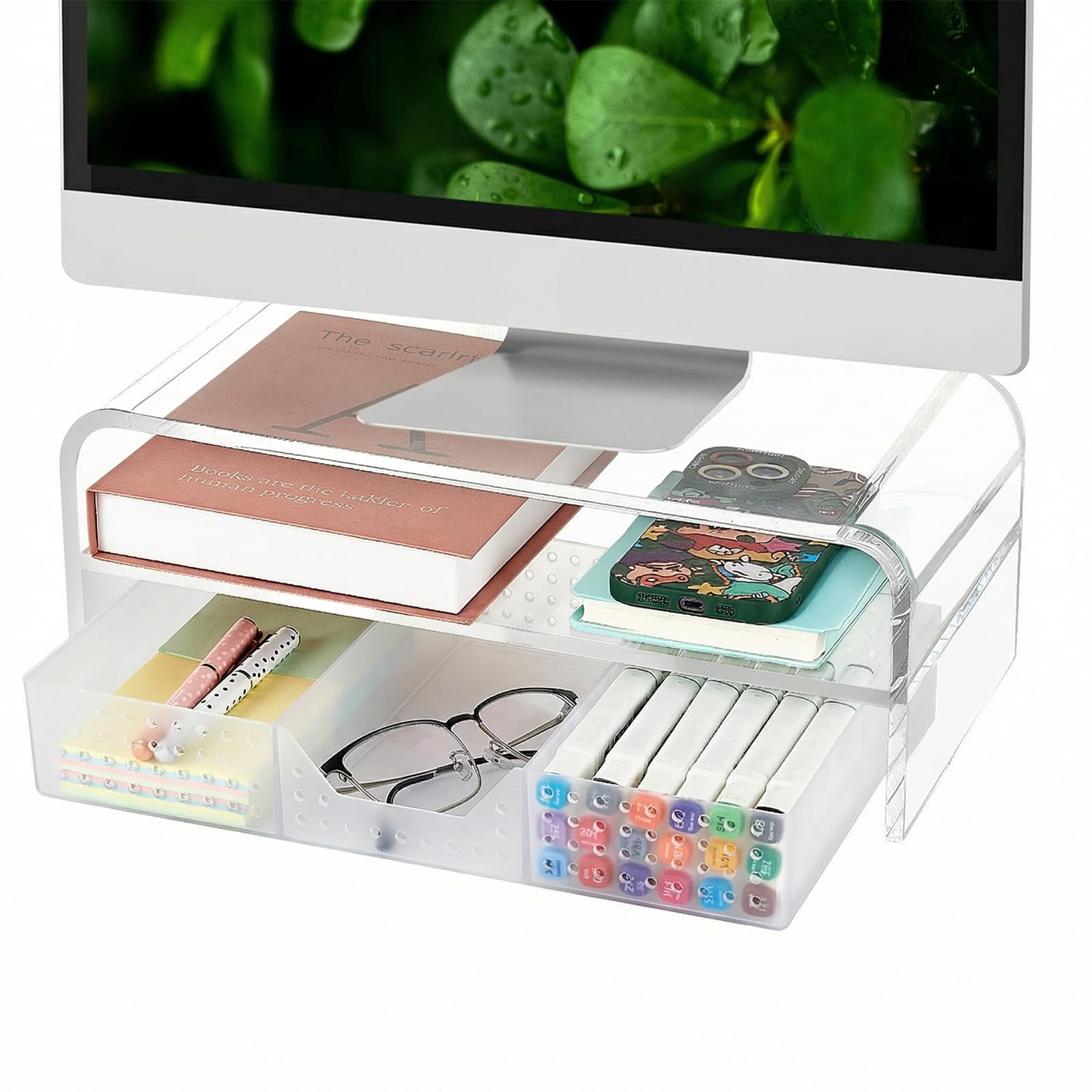 Clear Desk Organizers And Accessories  2-tier Computer Monitor Stand Riser With Drawer Laptop Office For Supplies Transparent