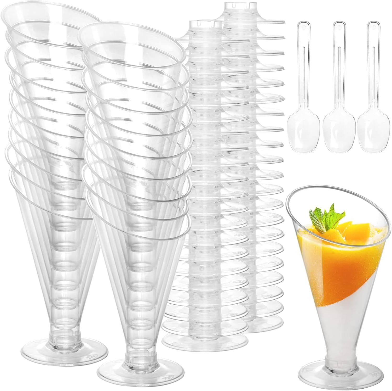 Clear Dessert Cups with Spoons, Disposable Plastic Champagne Flutes Cocktail Glasses, Reusable Parfait Appetizer Cup Mousse Cups for Home Gatherings, Events, Parties, Weddings