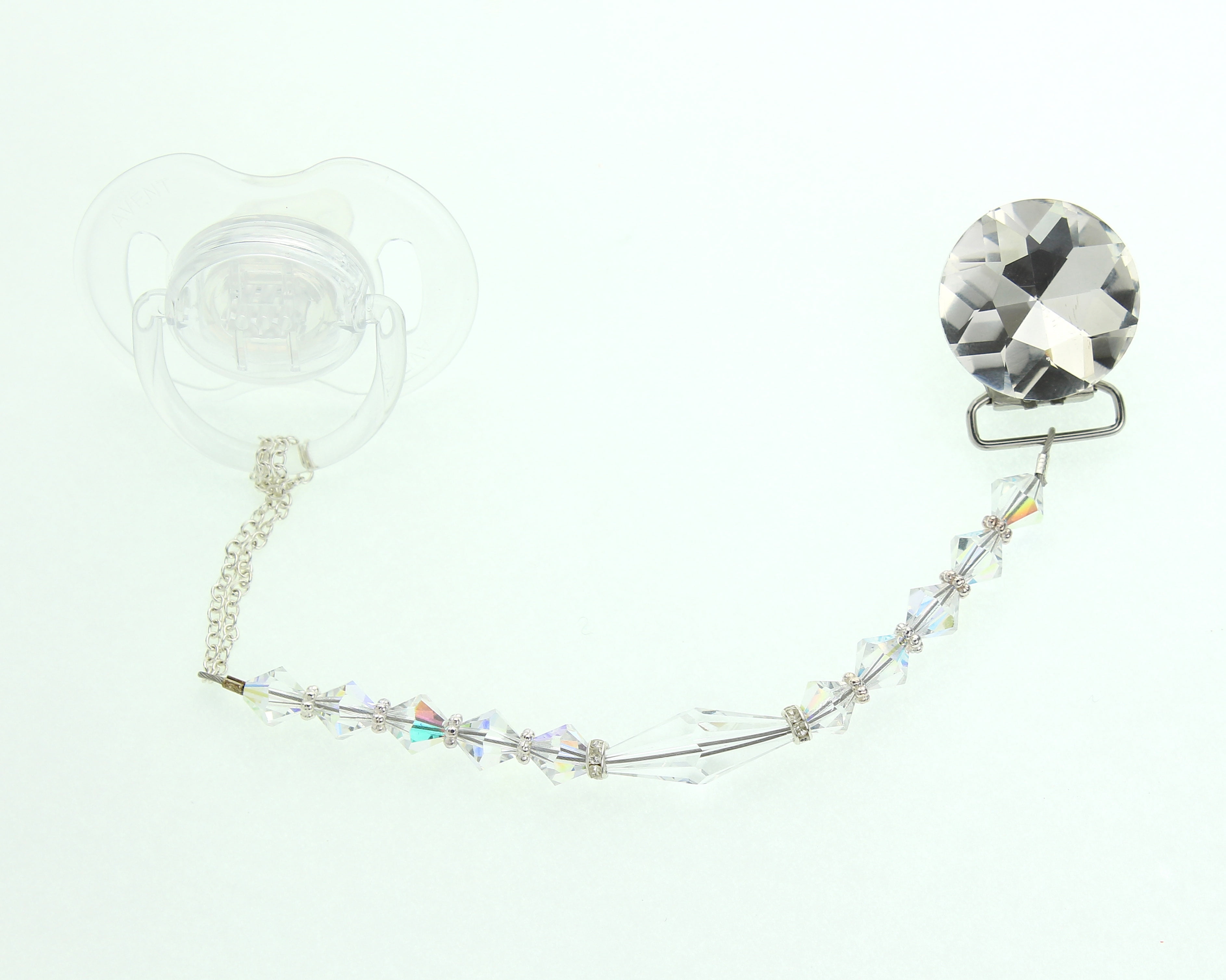 Clear Diamond Crystal Pacifier Clip with Crystals and Long Crystal Center