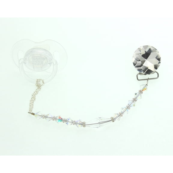 Clear Diamond Crystal Pacifier Clip with Crystals and Long Crystal Center