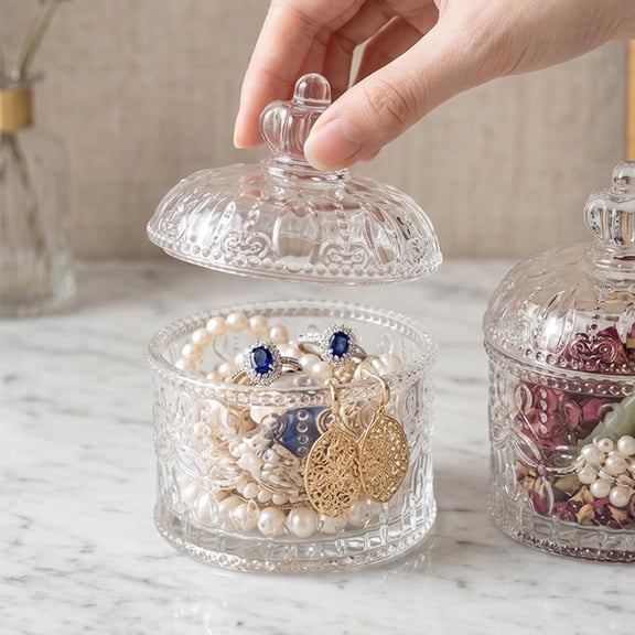 Clear Diamond Cut Glass Candy Jar with Lid Decorative Storage Container for Kitchen Bathroom Vanity Countertop
