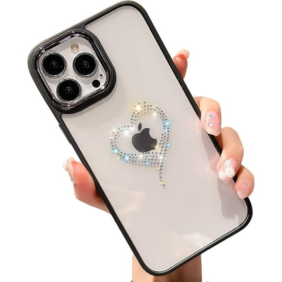 Clear Diamond Love Heart Case for iPhone 13 Pro Max 6.7-inch,Cute Bling Glitter Rhinestone Plating Camera Lens Protection Shockproof Back Cover Cases for Women Girls(Black)