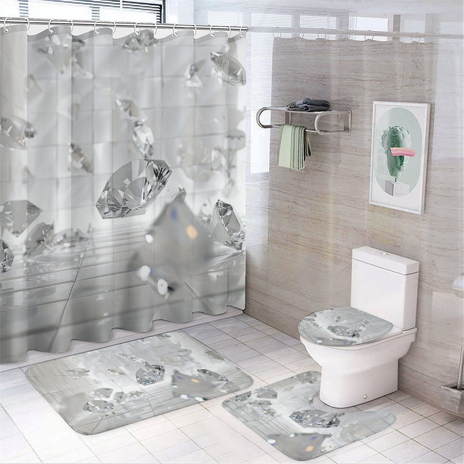 Clear Diamonds 4 Pcs Bathroom Shower Curtain Set, Bathroom Sets with Rugs (Bath Mat, U Shape and Toilet Lid Cover Mat) and 12 Hooks,