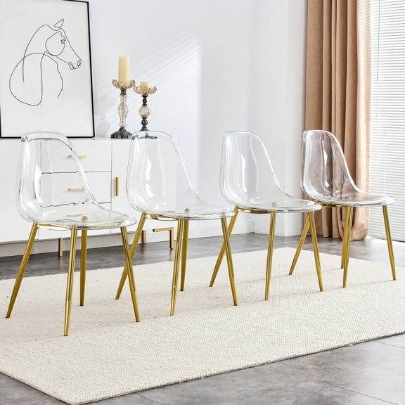 Clear Dining Chairs Set of 4, Modern Kitchen Armless Crystal Chairs with Transparent Seat and Metal Legs, Accent Plastic Ghost Chairs with Curved Back for Kitchen, Dining Room, Golden