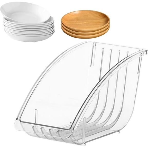Dish Storage Rack,Plastic Paper Plate Dispenser,Vertical Dinner Plates Organizer Shelf,Stand Pot Lid Holders,Cutlery Storage Rack for Kitchen Countertop Cabinet 1Pack (Clear)