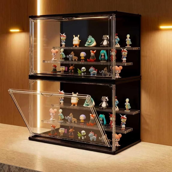 Clear Display Case for Collectibles, 3-Tier Stackable LED Figure with Magnetic Door, Adjustable Showcase Models, Miniatures, Jewly (Black,2PCS)