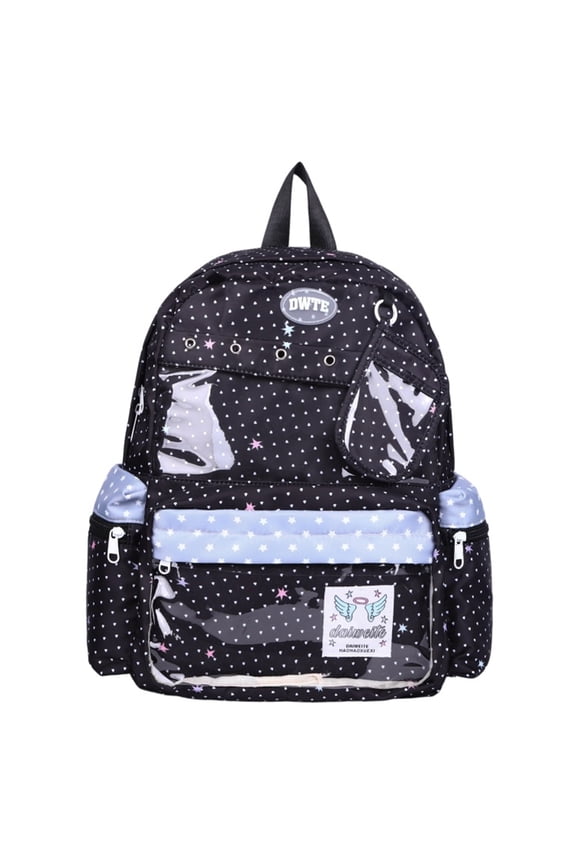 Clear Display Pin Collection Nylon Backpack, Multi-Pocket Lightweight Daypack for Daily Commute Travel (Black)