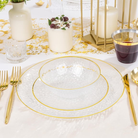 Clear Disposable Bowls, Plastic Bowls with Gold Rim, Premium Heavy Duty Hammered Soup Bowls for Cereals, Snacks, Salads