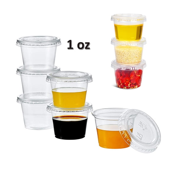 Clear Disposable Plastic Cups with Lids (300 sets - 1 oz) - Disposable condiment cups, sauce/dip/dressing cups, soufflé cups, and jelly wine glasses with lids| Quality sample containers
