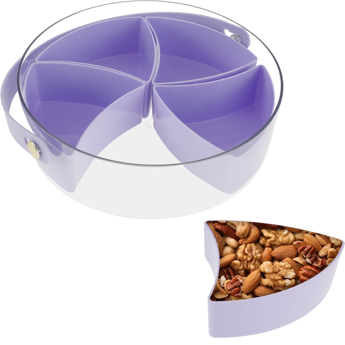 Clear Divided Serving Tray with Lid & Handle, Portable Round Plastic Veggie Tray, Platter Food