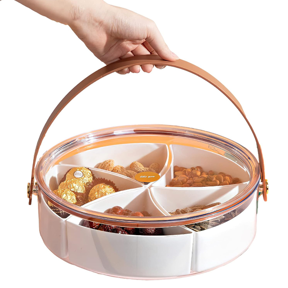 Clear Divided Serving Tray with Lid & Handle, Portable Round Plastic