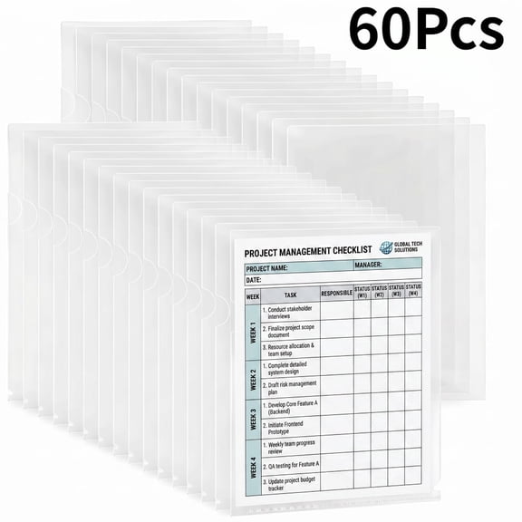 Clear Document Sleeves 60 Pack, L-Shaped 8.5x11 Letter Size, Acid-Free Waterproof Plastic Pockets for Office School Use