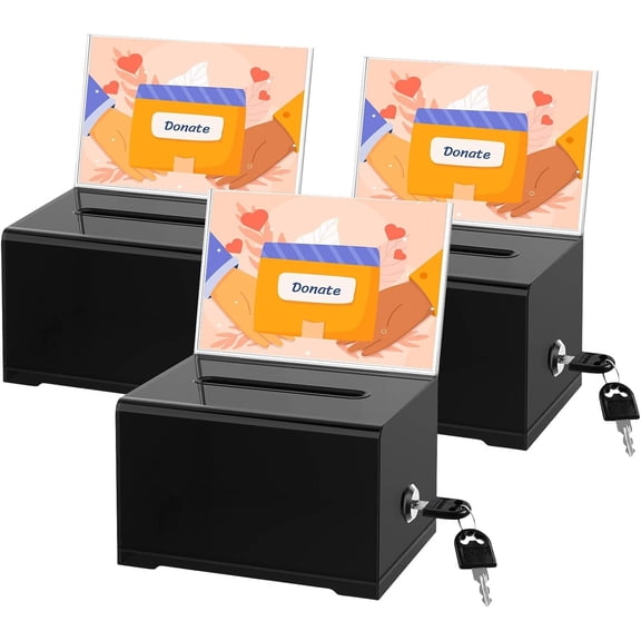 Clear Donation Box with Lock & Sign Holder, Versatile for Fundraising, Ballot Voting, Suggestions, and Tips Jar, Secure Storage Design, Size 6.2x4.6x4.0 Inch, Black 3 Pack  Durable & Easy to Use