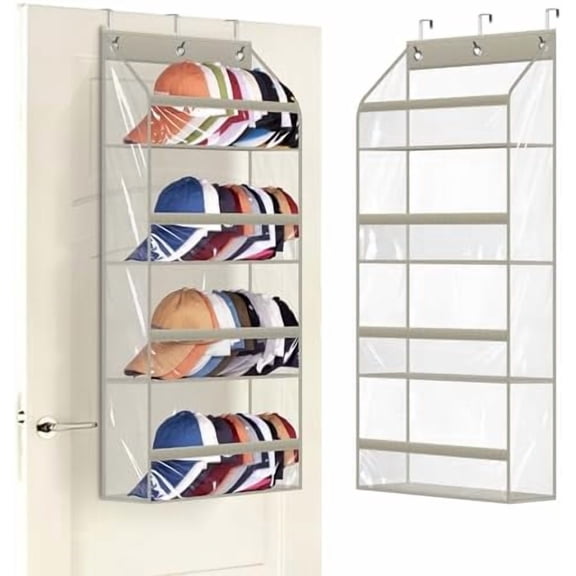 Clear Over the Door Hat Racks for Baseball Caps, Hold 48 Caps Hat Storage Organizer for Closet Wall, Deep Pockets Hanging Snapback Holder Shelves with 3 Hooks, Grey