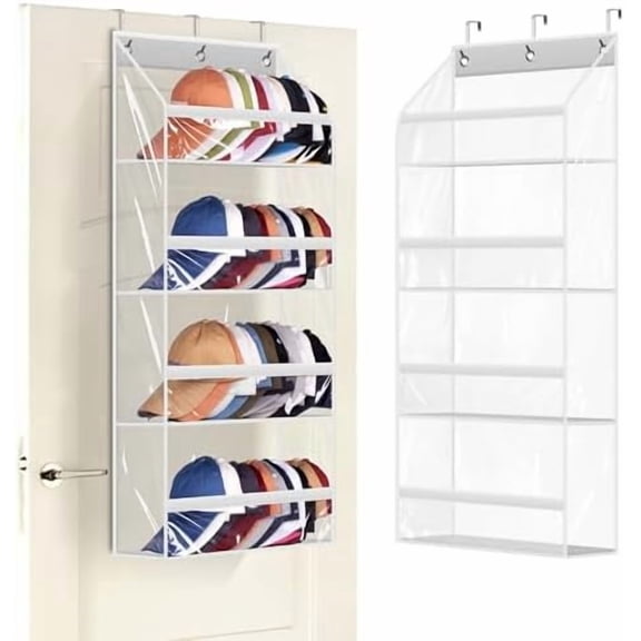 Clear Over the Door Hat Racks for Baseball Caps, Hold 48 Caps Hat Storage Organizer for Closet Wall, Deep Pockets Hanging Snapback Holder Shelves with 3 Hooks, White
