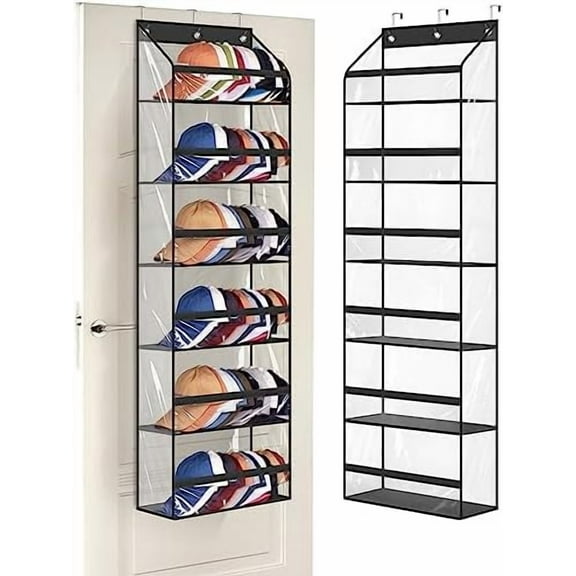 Clear Over The Door Hat Racks for Baseball Caps, Large Holds up to 72 Caps Hat Storage Organizer for Closet Wall, Deep Pockets Hanging Hat Holder with 3 Hooks, Black