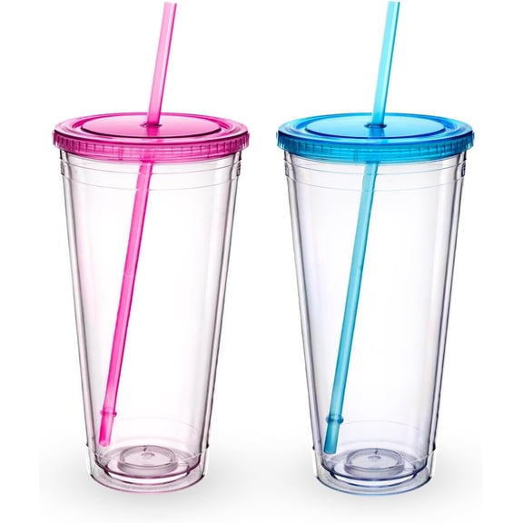 Clear Double Wall Plastic Tumbler with Lid and Straw 32 oz, 2 Pack