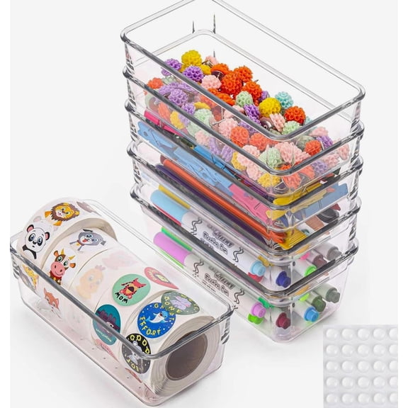 Clear Drawer Organizer Set, 6 Piece Plastic Storage Bins, 6x3 Inch Vanity Tray for Makeup, Office, Kitchen