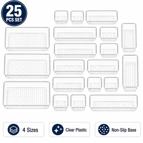 Clear Drawer Organizer Trays Set for Makeup Vanity Desk, Clear, 25Pcs