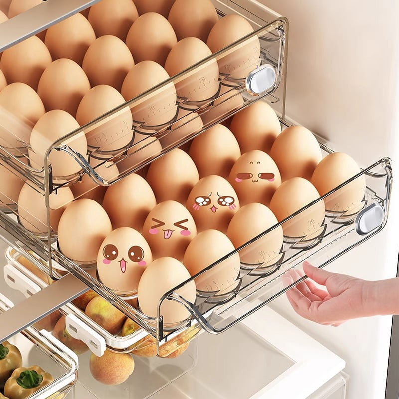 Clear Drawer Style Egg Storage Box for Kitchen, Multi Grid Egg Holder Rack for Refrigerator, Stackable Tray with Timer for Freshness