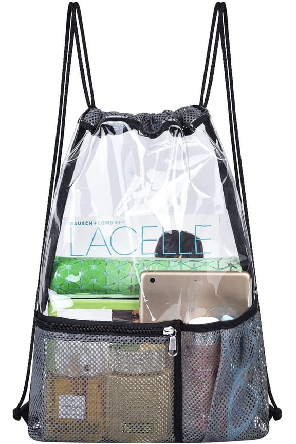 Clear Drawstring Bag for Women and Men, Clear Drawstring Backpack for Concert Sport Festival Travel Work, Clear Backpack Stadium Approved with 2 Front Pockets - Black
