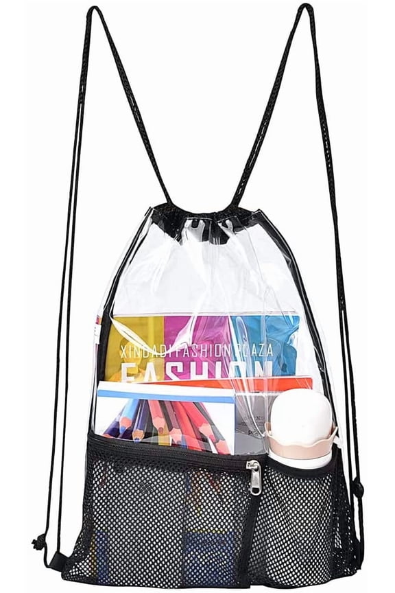 Clear Drawstring Bag for Women and Men, Clear Drawstring Backpack for Concert Sport Festival Travel Work, Clear Backpack Stadium Approved with 2 Front Pockets - Black