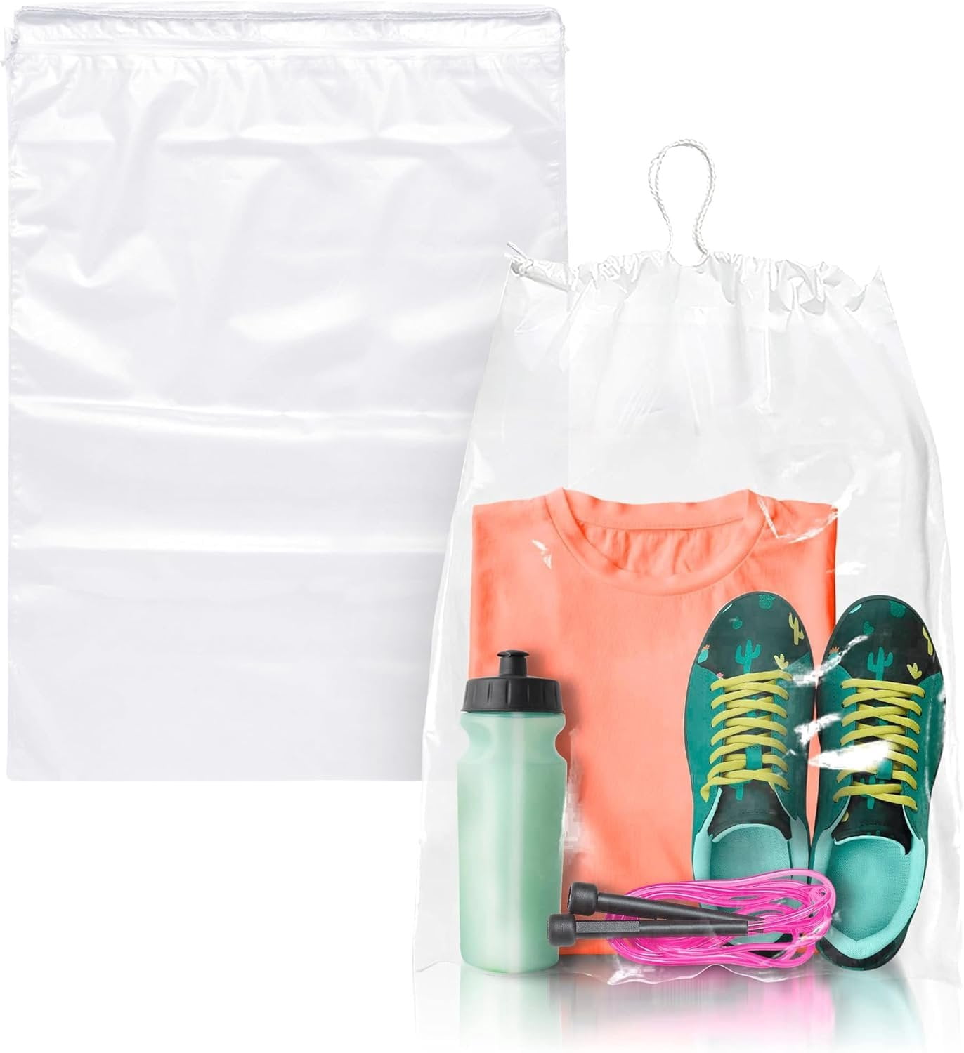 Clear Drawstring Shoe Travel Bags, Waterproof PE Plastic, 50 Count, 10 x 14 in
