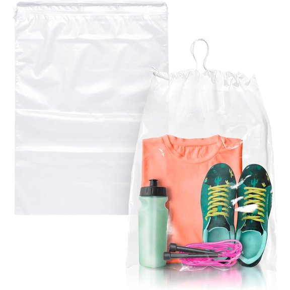 Clear Drawstring Shoe Travel Bags, Waterproof PE Plastic, 50 Count, 10 x 14 in