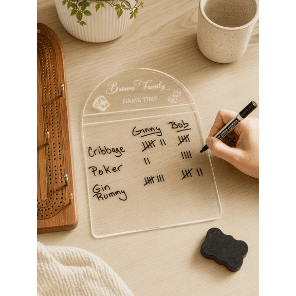 Clear Dry Erase Scoreboard for Game Night | Personalized Family Score Tracker | Reusable Score Keeping Board for Card Games, Cribbage, Poker and Board Games