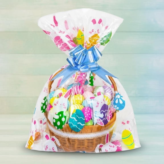 Clear Easter Basket Bags, Large Cellophane Wrap Bags with Pull Bows for Easter Decorations, Party Gift Bags
