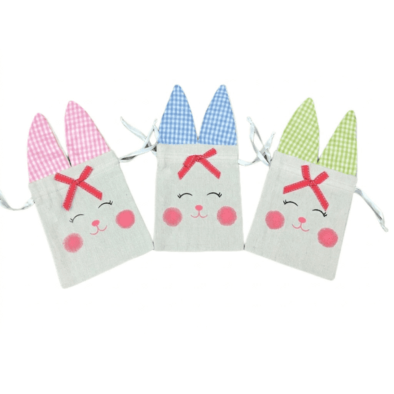 Clear Above Easter Bunny Burlap Drawstring Bags Set of 3 5 x 6.5 Inch Rustic Spring Gift & Candy Packaging Sacks, Reusable Farmhouse Holiday Favor Bags for Easter Decor