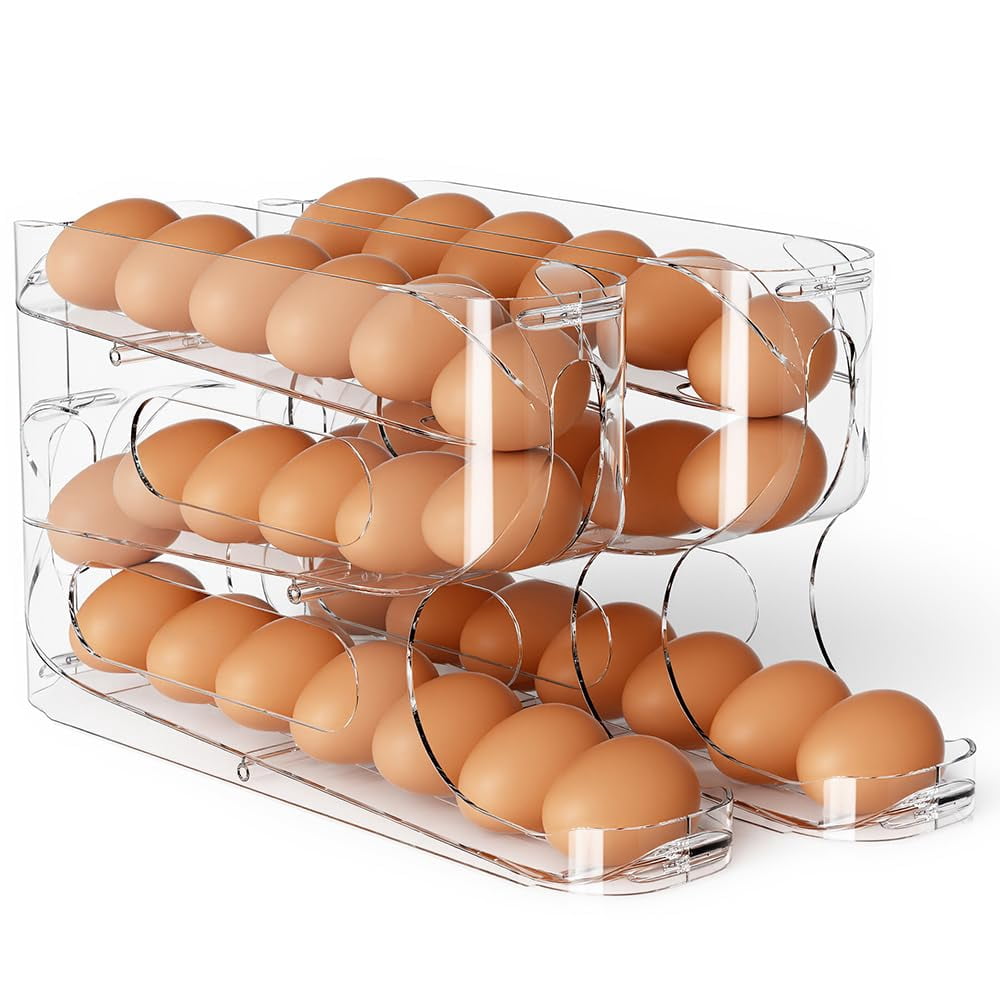 Clear Egg Holder for Fridge, Auto Rolling Egg Dispenser for Eggs 18 Count, FIFO Design, Space-Saving Egg Roller, Organizer, Container, Storage for Refrigerator & Kitchen Countertop(1 Pack)