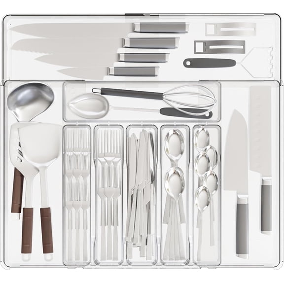 Clear Expandable Silverware Organizers for Kitchen Drawers,Large BPA Free Cutlery Organizer in Drawer,Plastic Utensil Drawer Organizer Suitable as Flatware,Knife,Fork,Spoon,Silverware Holder and Tray