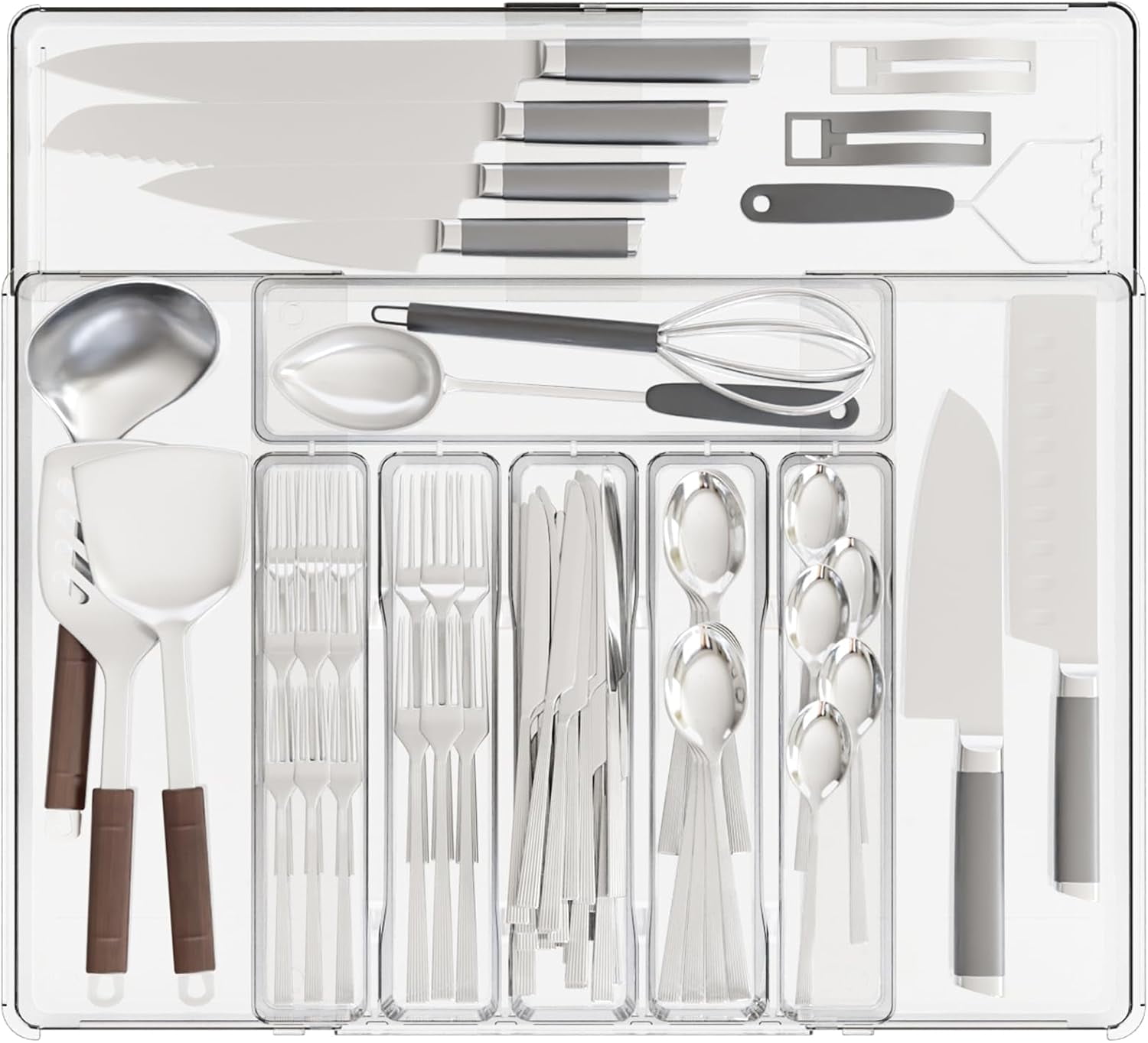 Clear Expandable s for Kitchen Drawers,Large BPA Free Cutlery Organizer in Drawer,Plastic Utensil Drawer Organizer Suitable as Flatware,Knife,Fork,Spoon,Silverware Holder and Tray