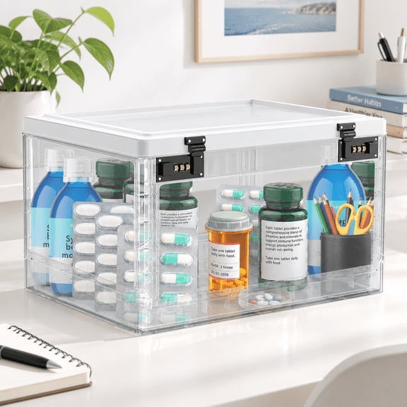 Clear Extra Large Lockable Storage Chest for Medication, Snacks, and Home Office Organization