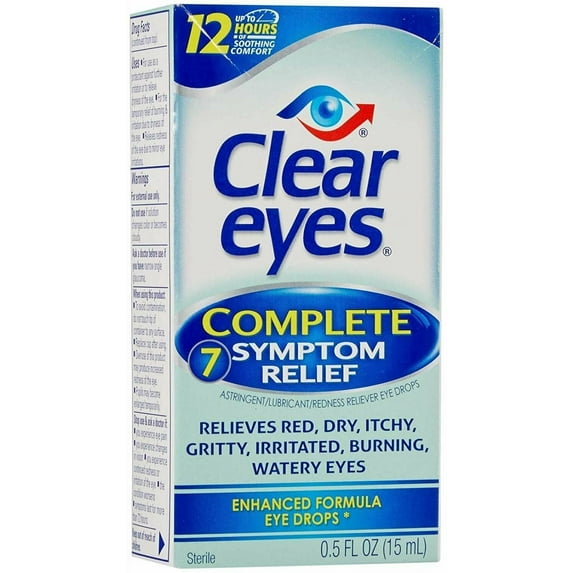 Clear Eyes Complete 7 Symptom 12 Hour Soothing Relief for Eye Drops, 3-Pack