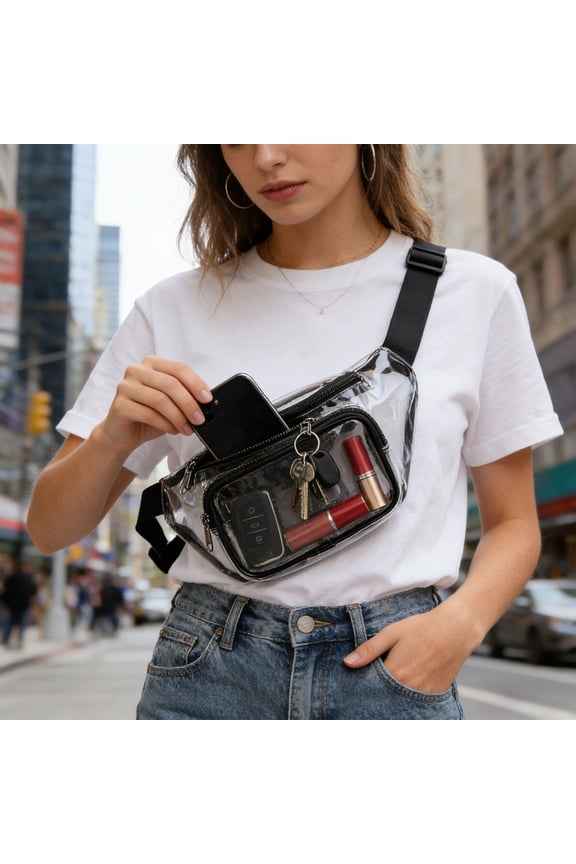 Clear Fanny Pack - Adjustable 33-47 Inch Strap, Transparent Belt Bag for Women Men Fits 7.5-inch Smartphone, Waist Bag Clear Bag for Stadium Events, Sport, Concerts, Black