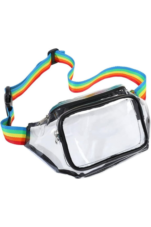 Clear Fanny Pack - Adjustable Rainbow Belt Bag for Women Men, Transparent Waist Bag Stadium Approved Clear Purse, Fits Travel, Beach, Events, Concerts Bag, Black