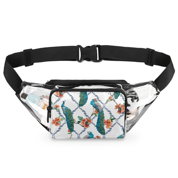 Clear Fanny Pack with Peacock Print, 1mm Thick PVC Waist Bag with Adjustable Strap, 1 Main & 1 Front Zipper Pouch, Waterproof Transparent Hip Bag for Daily Use