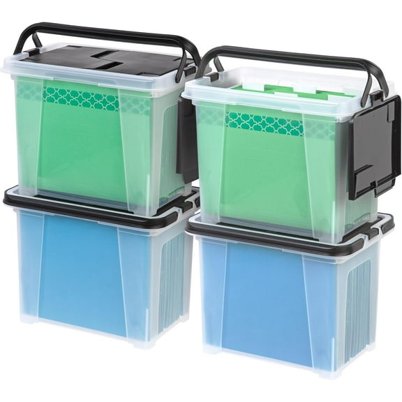 Clear File Organizer Box with Wing Lid for Letter and Legal Files, Water-Resistant Stackable Storage Bin, 18 Qt, 4-Pack
