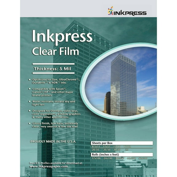 Inkpress Clear Film 5 mil. Polyester Inkjet Film, 11x17", 20 Sheets