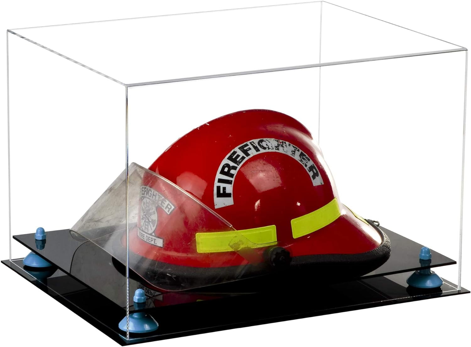 Clear Fireman s Helmet Large Display Case With Blue Risers A014 BLR Clear fireman s helmet large display case with blue risers a014 blr