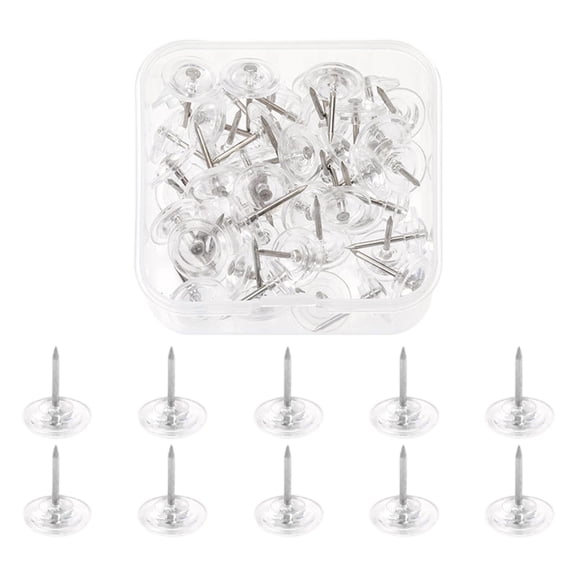 Clear Flat Head Push Pins 50-Pack, Heavy Duty Thumb Tacks with Steel Point for Bulletin Board, Cork Board, Wall Hanging & Shadow Box, Includes Reusable Storage Box