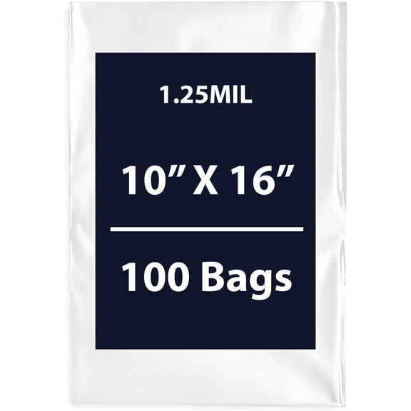 Clear Flat Poly Bags, 1.25Mil 10" X 16" & 100 Bags | Low-Density Polyethylene (LDPE), Flat Open Top Plastic Packaging Packing | Flexible and Durable Plastic Bags