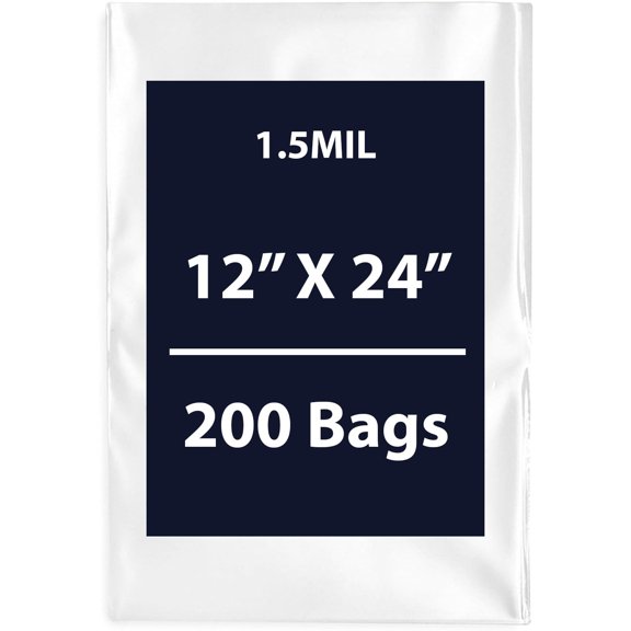 Clear Flat Poly Bags, 1.5Mil 12" X 24" & 200 Bags | Low-Density Polyethylene (LDPE), Flat Open Top Plastic Packaging Packing | Flexible and Durable Plastic Bags