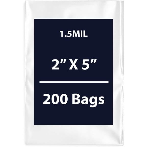 Clear Flat Poly Bags, 1.5Mil 2" X 5" & 200 Bags | Low-Density Polyethylene (LDPE), Flat Open Top Plastic Packaging Packing | Flexible and Durable Plastic Bags
