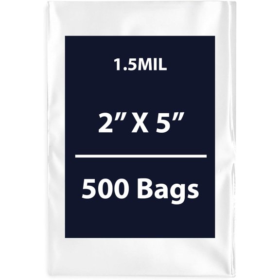 Clear Flat Poly Bags, 1.5Mil 2" X 5" & 500 Bags | Low-Density Polyethylene (LDPE), Flat Open Top Plastic Packaging Packing | Flexible and Durable Plastic Bags